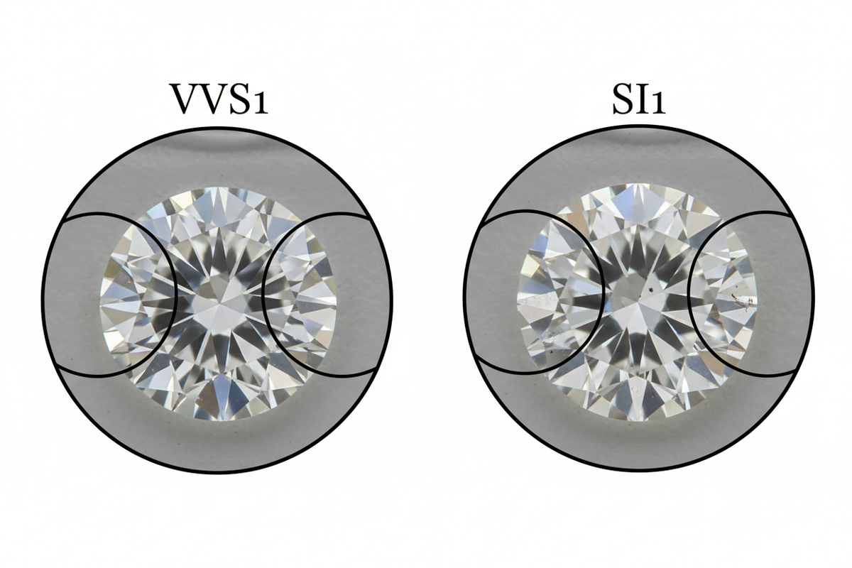 Vergleich der Diamantreinheit VVS1 und SI1 unter Vergrößerung